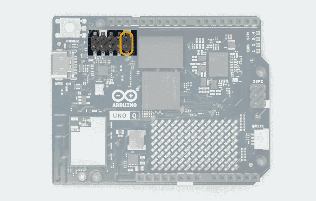 UNO Q board with the JCTL boot-strap pins highlighted
